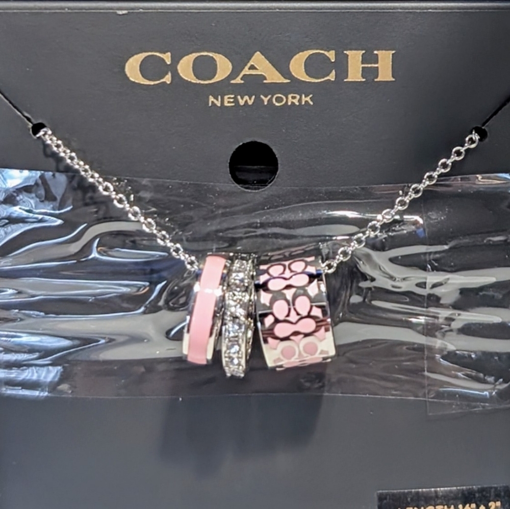 Coach 3 Ring Necklace With Logo, Pink Enamel, And Crystal Rings On Silver Chain - Picture 2 of 5